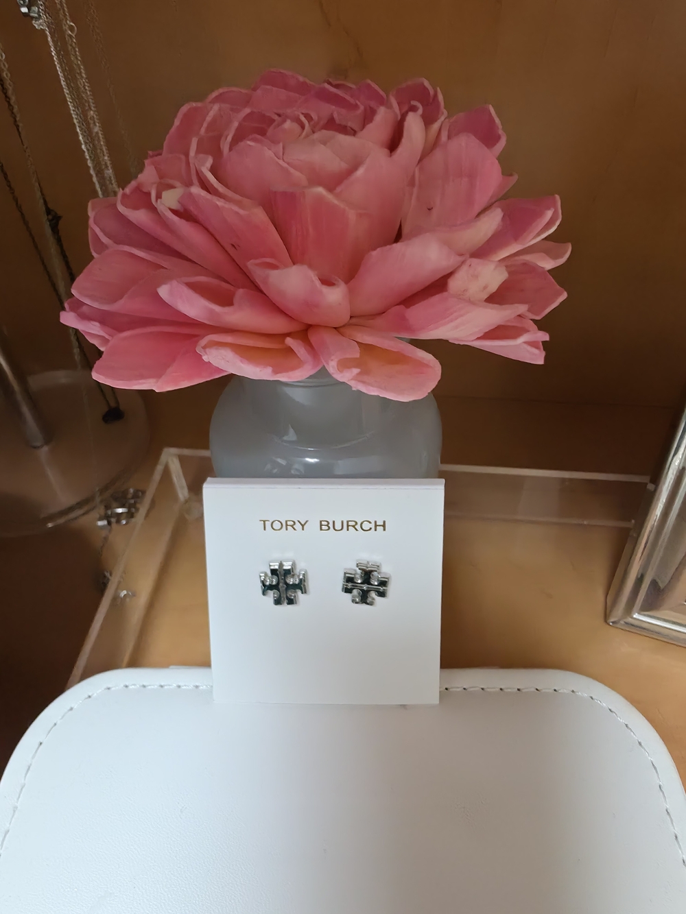 Tory Burch Silver Logo Stud Earrings - Pink Accent Display